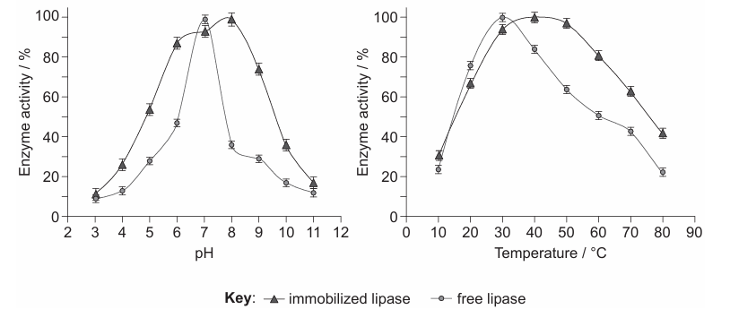 Key: - immobilized lipase - - free lipase